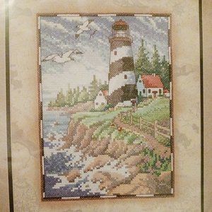 Vintage Sunset Printed Cross Stitch Sea Cliff Lighthouse sealed kit 11x15 in
